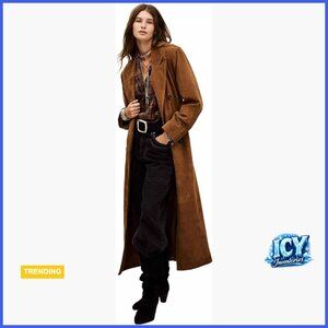 Suede Trench Coat, Extra Long Length, Double-Breasted Closure